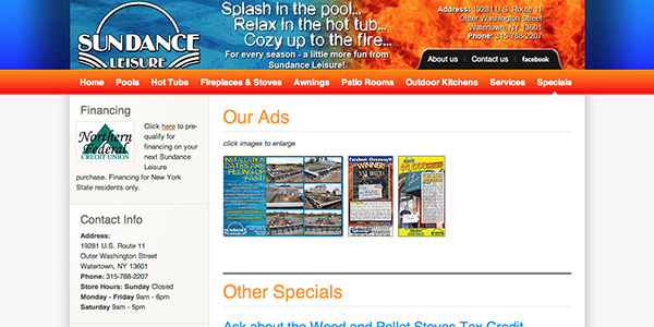 Specials page with current ads that, when clicked, open a lightbox larger version of the ad